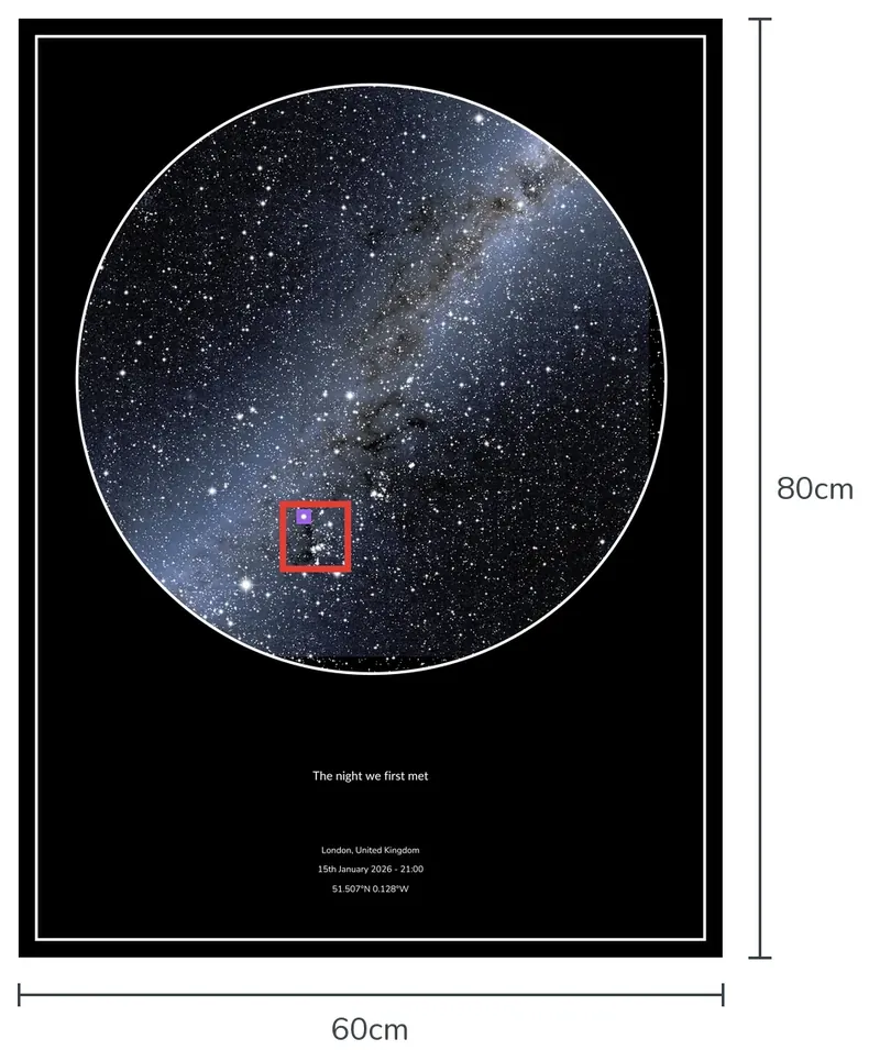 A 60x80cm star map print for London, 15 January 2026 at 9pm, with a red square around Orion and a tiny purple square around Betelgeuse