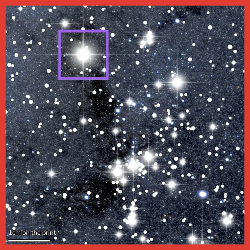 The 6cm red square enlarged, showing Orion, with a purple square around the bright star Betelgeuse